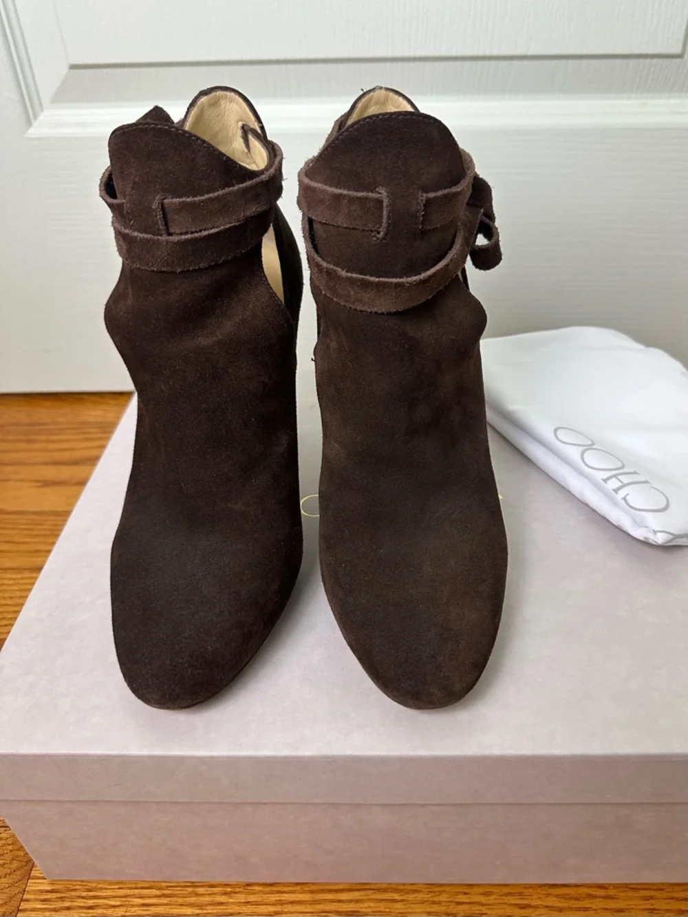 Jimmy Choo Dark Brown Marina Suede Heeled Booties 37.5 (with box & dustbag) - Picture 4 of 7